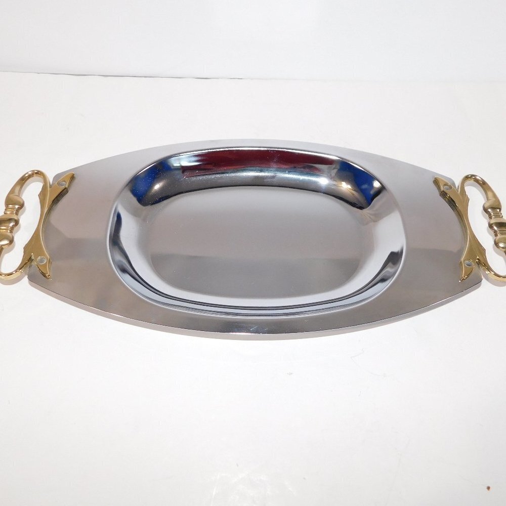 Vintage Kromex 14.5" Chrome Silver Tone Serving Tray MCM gold Tone Handle